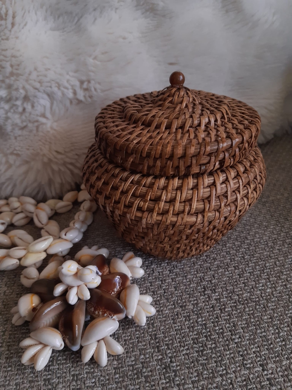 Vintage Handwoven Rattan Lidded Basket - Brown
